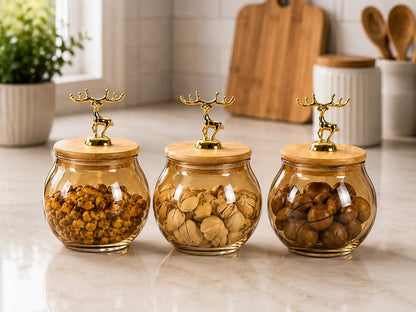 3-Piece Amber Glass Dry Fruit Jar Set – Rounded, Golden Deer Handles