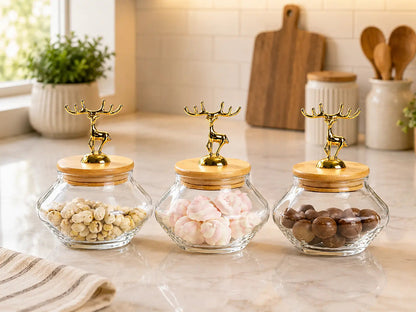 3-Piece Glass Storage Jar Set with Golden Deer Handles