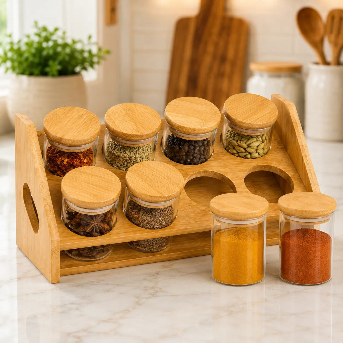 10-Piece Glass Spice Jar Set with Bamboo Stand