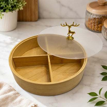 Round Bamboo Dry Fruit & Snack Serving Box with 4 Compartments