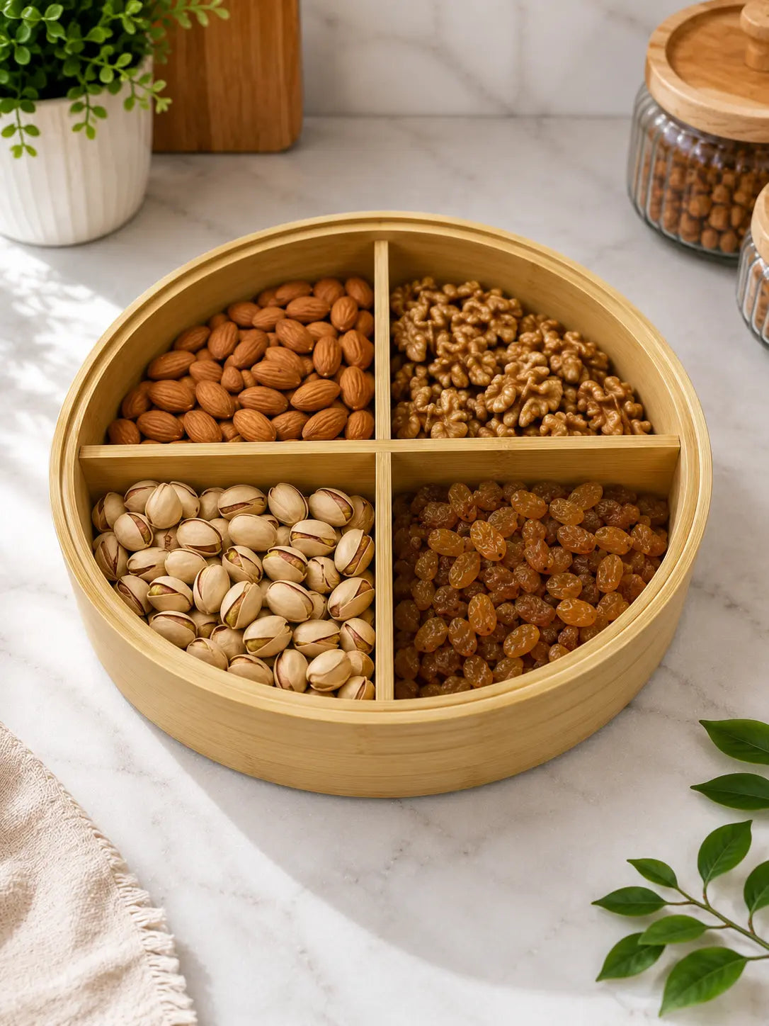 Round Bamboo Dry Fruit & Snack Serving Box with 4 Compartments