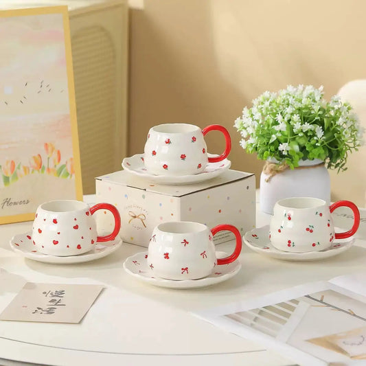 Ceramic Coffee Cup & Saucer Set with Red Handle