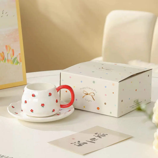 Ceramic Coffee Cup & Saucer Set with Red Handle