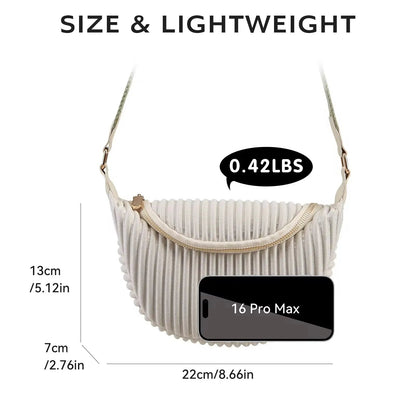 Chic Pleated Crescent Crossbody – Minimalist Half-Moon Sling Bag with Wide Strap