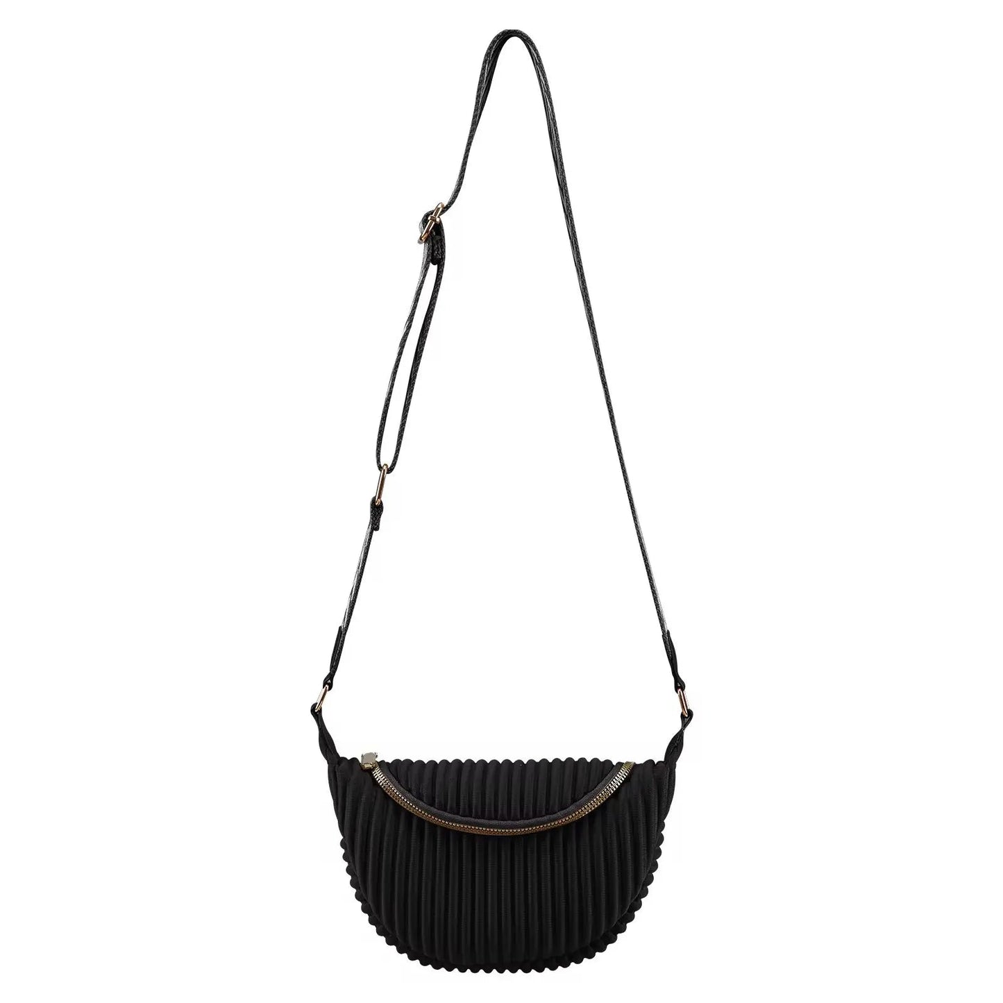 Chic Pleated Crescent Crossbody – Minimalist Half-Moon Sling Bag with Wide Strap