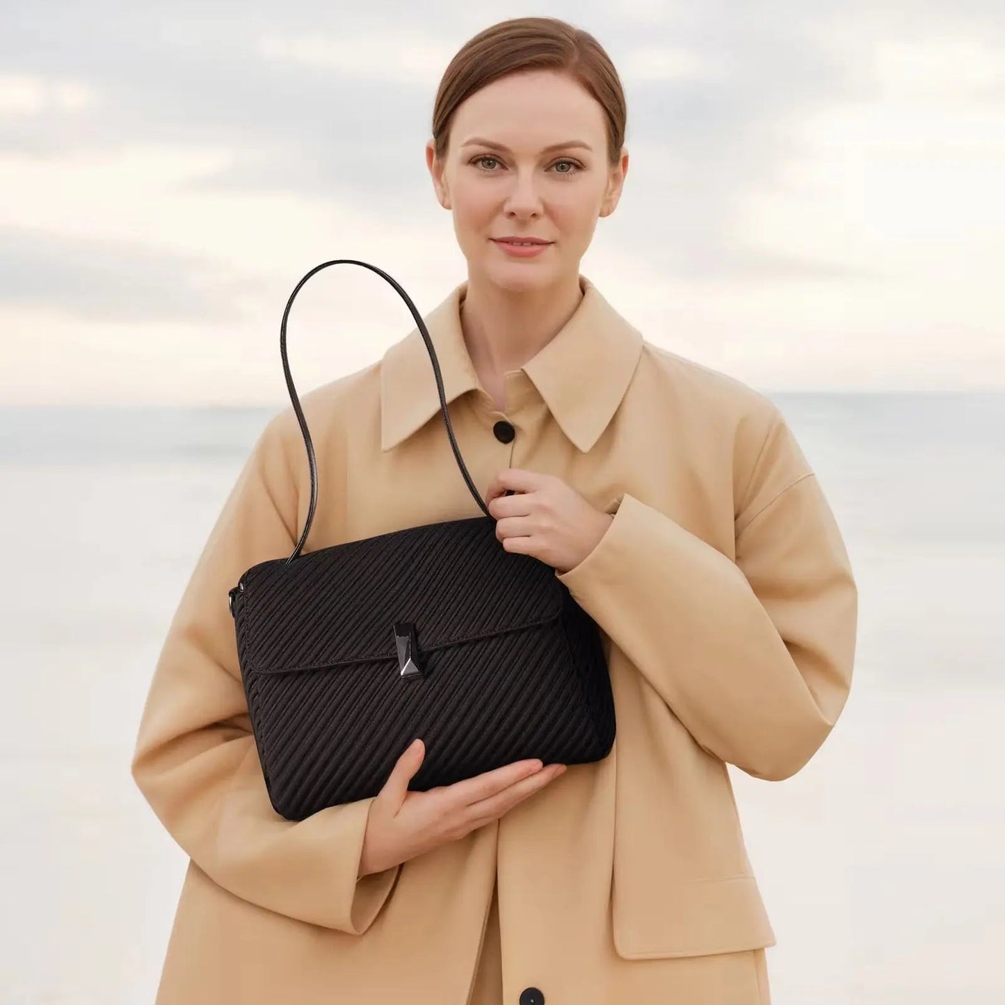 Elegant Pleated Dual-Handle Tote – Minimalist Convertible Shoulder Bag & Crossbody