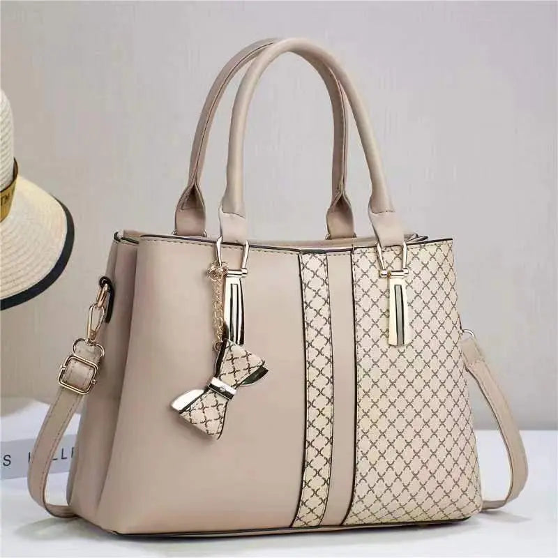 Aria Bow-Charm Tote – Structured Patterned Paneled Handbag & Shoulder Bag