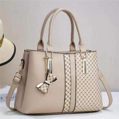 Aria Bow-Charm Tote – Structured Patterned Paneled Handbag & Shoulder Bag
