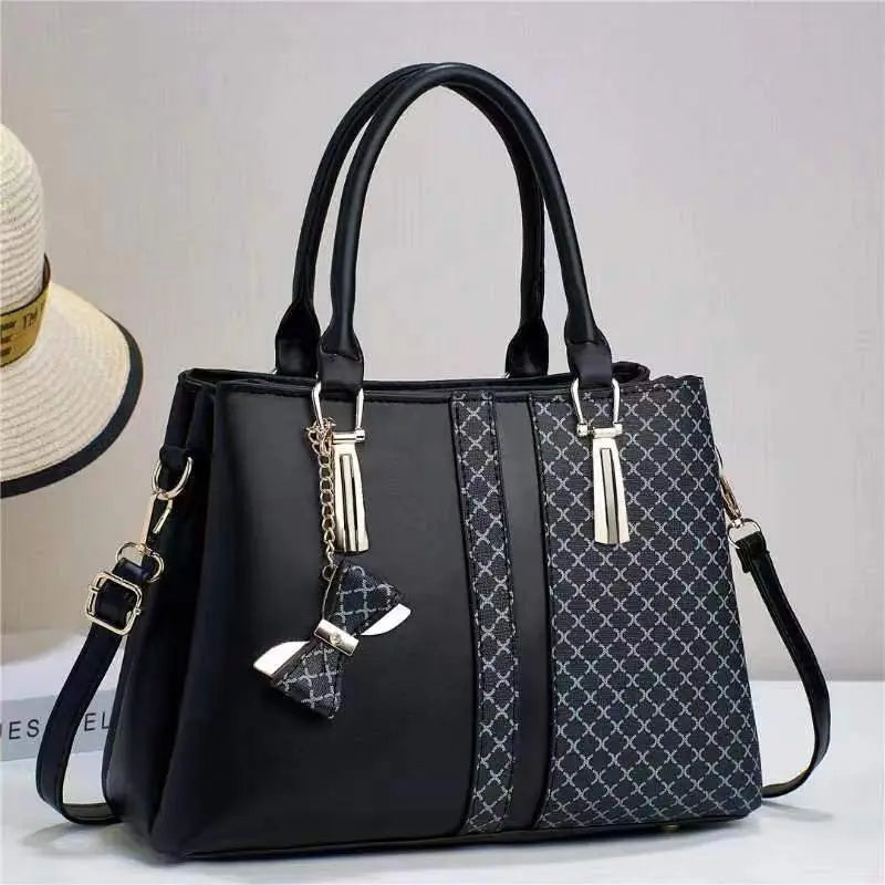 Aria Bow-Charm Tote – Structured Patterned Paneled Handbag & Shoulder Bag