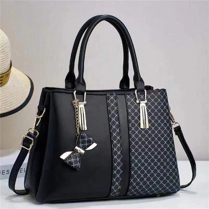 Aria Bow-Charm Tote – Structured Patterned Paneled Handbag & Shoulder Bag