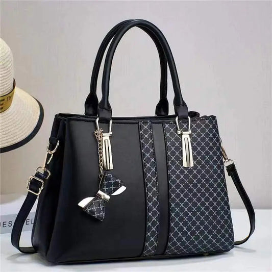 Aria Bow-Charm Tote – Structured Patterned Paneled Handbag & Shoulder Bag