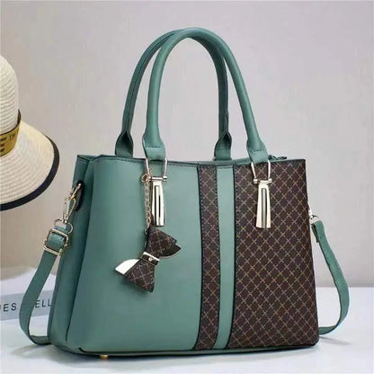 Aria Bow-Charm Tote – Structured Patterned Paneled Handbag & Shoulder Bag