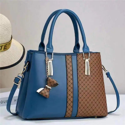 Aria Bow-Charm Tote – Structured Patterned Paneled Handbag & Shoulder Bag