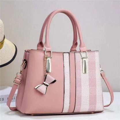 Aria Bow-Charm Tote – Structured Patterned Paneled Handbag & Shoulder Bag