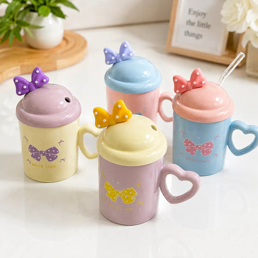 Bow Ceramic Mug with Heart Handle, Lid & Spoon