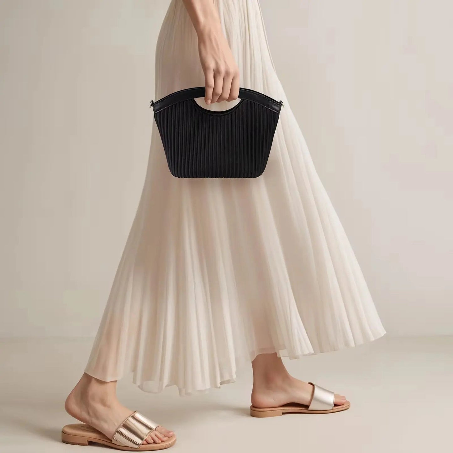 Petal-Pleated Top Handle Bag – Minimalist Vegan Leather Crossbody & Tote