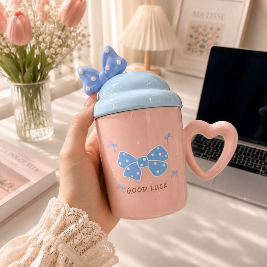 Bow Ceramic Mug with Heart Handle, Lid & Spoon