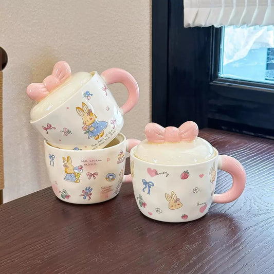 Bunny Bow Ceramic Mug with Lid