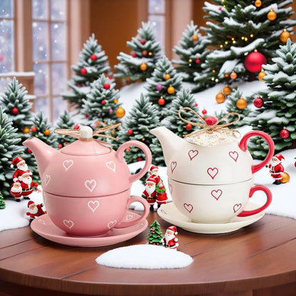 Amour Heart-Print Tea Service – Minimalist Ceramic "Tea for One" Set