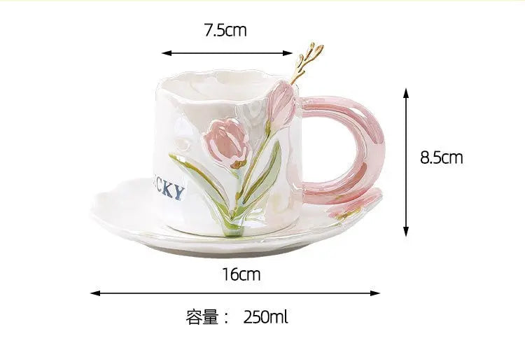 Artisan Tulip Ceramic Mug & Saucer Set – Aesthetic Pastel Floral Tea Cup (250ml)