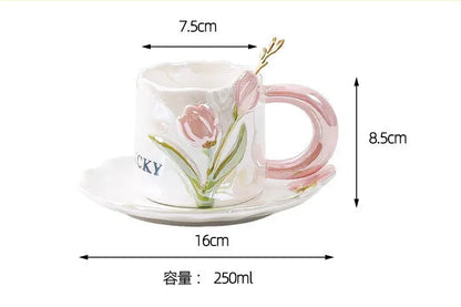 Artisan Tulip Ceramic Mug & Saucer Set – Aesthetic Pastel Floral Tea Cup (250ml)