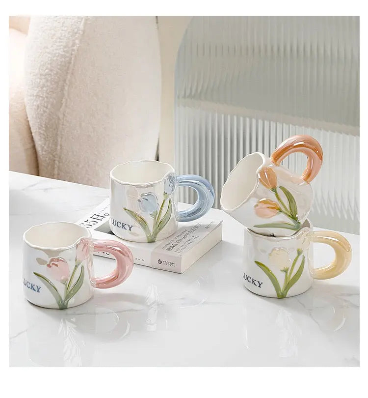 Artisan Tulip Ceramic Mug & Saucer Set – Aesthetic Pastel Floral Tea Cup (250ml)