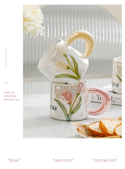 Artisan Tulip Ceramic Mug & Saucer Set – Aesthetic Pastel Floral Tea Cup (250ml)