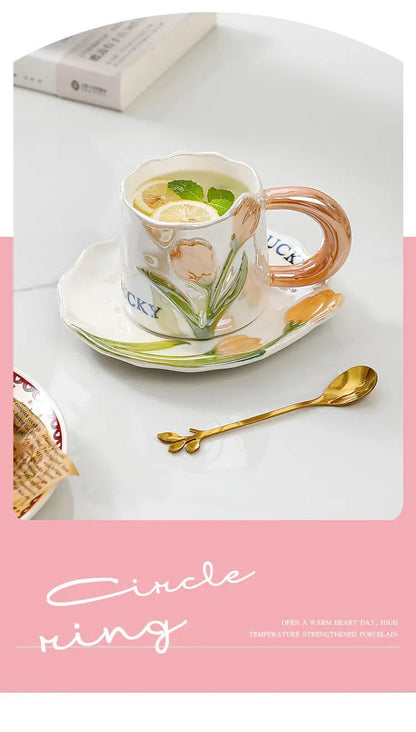 Artisan Tulip Ceramic Mug & Saucer Set – Aesthetic Pastel Floral Tea Cup (250ml)