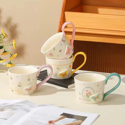 Floral Butterfly Ceramic Mug with Colored Handle