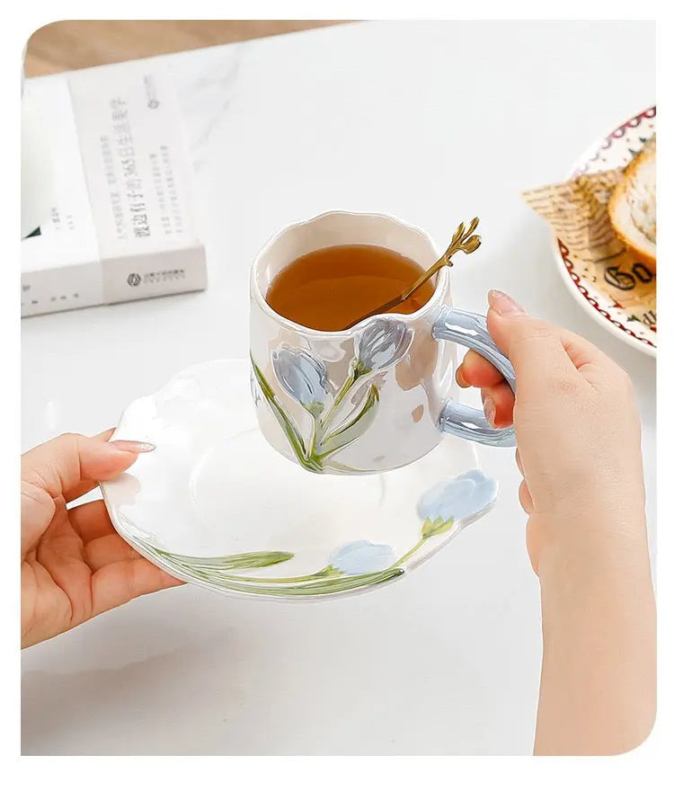 Artisan Tulip Ceramic Mug & Saucer Set – Aesthetic Pastel Floral Tea Cup (250ml)