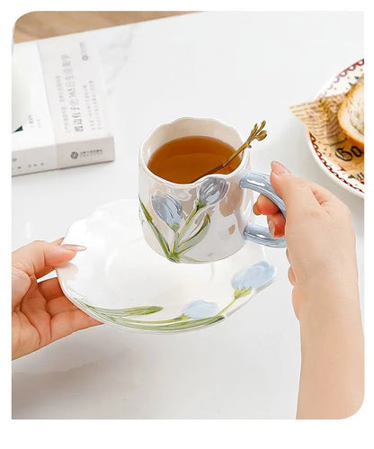 Artisan Tulip Ceramic Mug & Saucer Set – Aesthetic Pastel Floral Tea Cup (250ml)