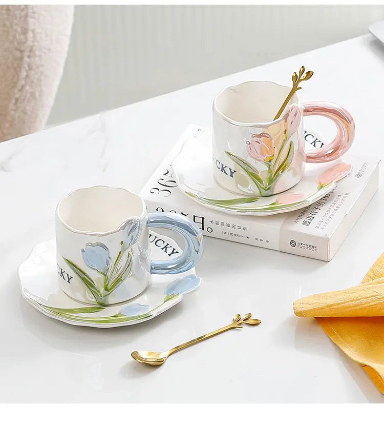 Artisan Tulip Ceramic Mug & Saucer Set – Aesthetic Pastel Floral Tea Cup (250ml)