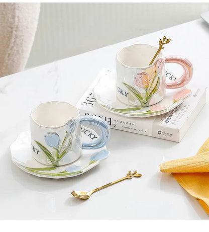 Artisan Tulip Ceramic Mug & Saucer Set – Aesthetic Pastel Floral Tea Cup (250ml)