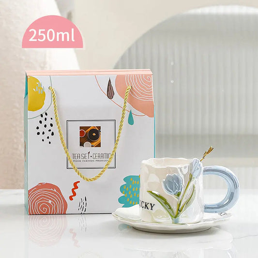 Artisan Tulip Ceramic Mug & Saucer Set – Aesthetic Pastel Floral Tea Cup (250ml)