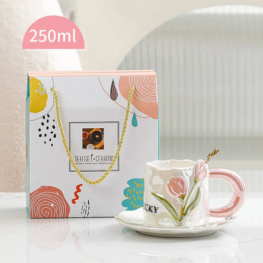 Artisan Tulip Ceramic Mug & Saucer Set – Aesthetic Pastel Floral Tea Cup (250ml)