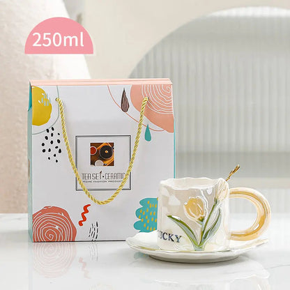 Artisan Tulip Ceramic Mug & Saucer Set – Aesthetic Pastel Floral Tea Cup (250ml)