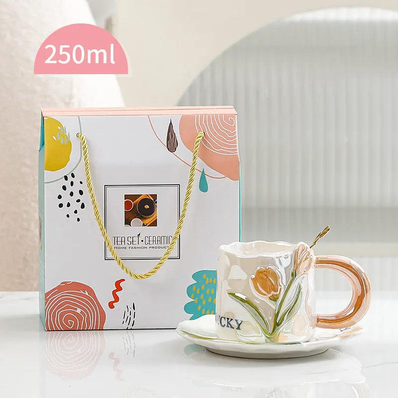 Artisan Tulip Ceramic Mug & Saucer Set – Aesthetic Pastel Floral Tea Cup (250ml)