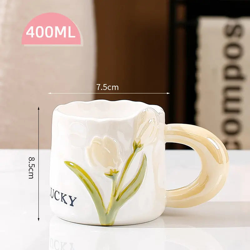 Artisan Tulip Ceramic Mug & Saucer Set – Aesthetic Pastel Floral Tea Cup (250ml)