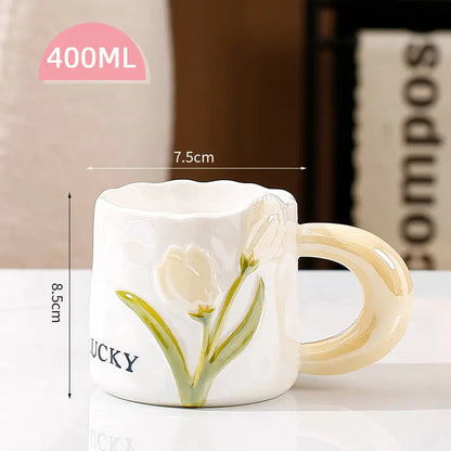 Artisan Tulip Ceramic Mug & Saucer Set – Aesthetic Pastel Floral Tea Cup (250ml)