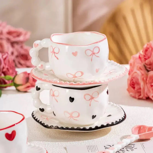 Bow & Heart Ceramic Coffee Cup with Saucer – 300ml