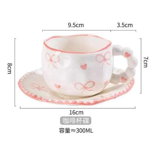 Bow & Heart Ceramic Coffee Cup with Saucer – 300ml