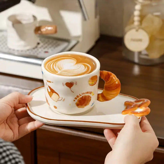 Bread-Shaped Ceramic Mug & Snack Plate Set with Croissant Handle