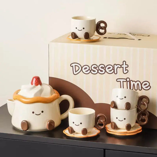 Dessert-Themed Ceramic Tea Set with Teapot, 4 Cups & Saucers