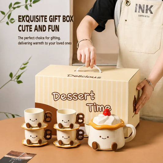 Dessert-Themed Ceramic Tea Set with Teapot, 4 Cups & Saucers