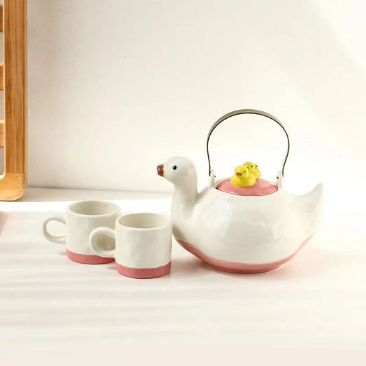 Duck-Shaped Ceramic Tea Set with 2 Matching Cups