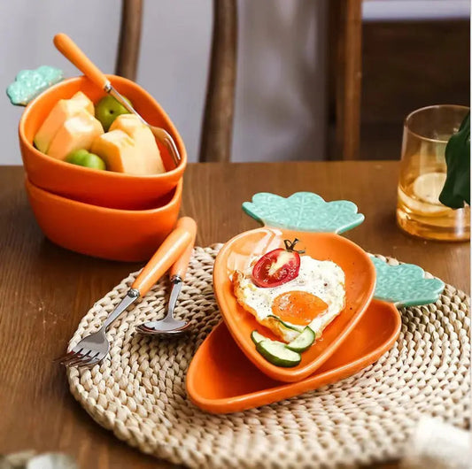 Carrot-Shaped Ceramic Serving Plate & Bowl