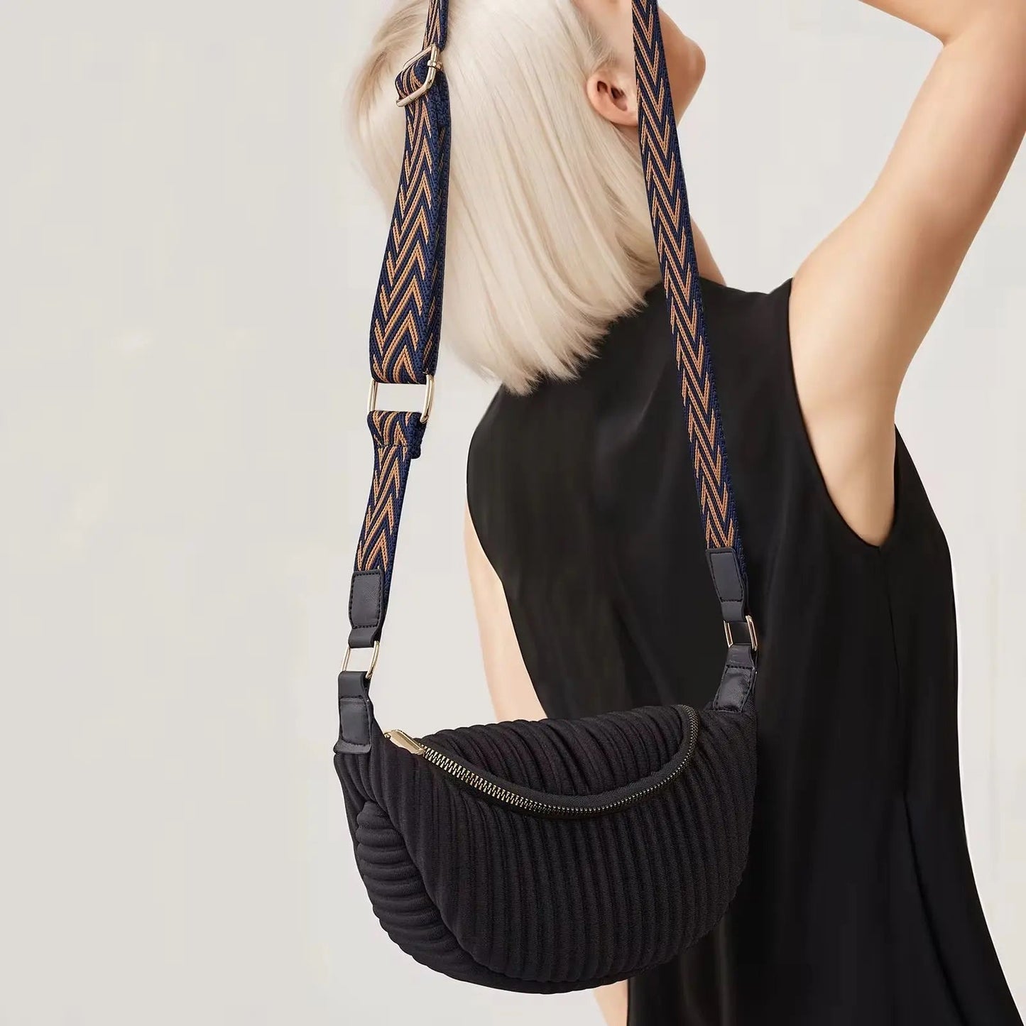 Chic Pleated Crescent Crossbody – Minimalist Half-Moon Sling Bag with Wide Strap