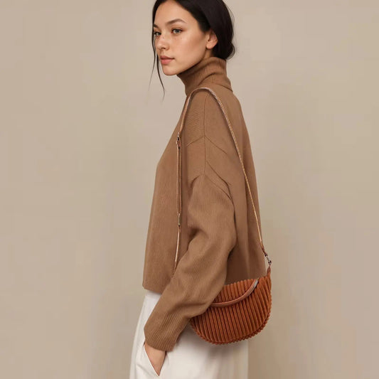 Chic Pleated Crescent Crossbody – Minimalist Half-Moon Sling Bag with Wide Strap