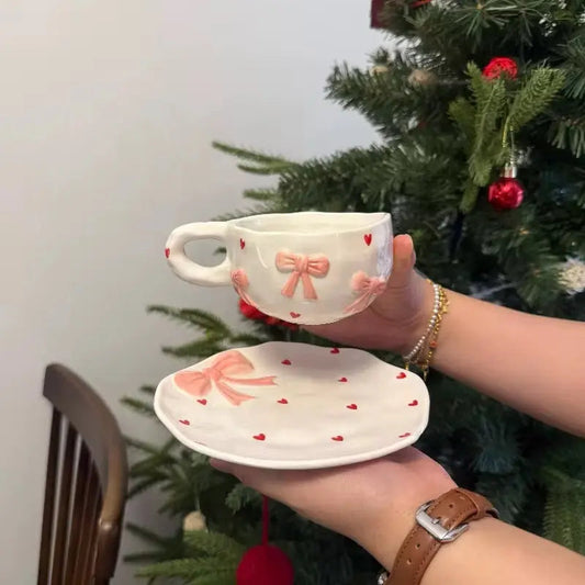 Coquette Ribbon Duo – Artisan 3D Bow Ceramic Cup & Scalloped Heart Saucer