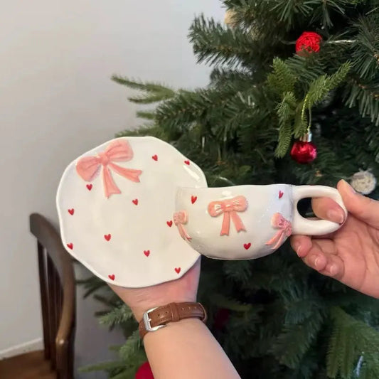 Coquette Ribbon Duo – Artisan 3D Bow Ceramic Cup & Scalloped Heart Saucer